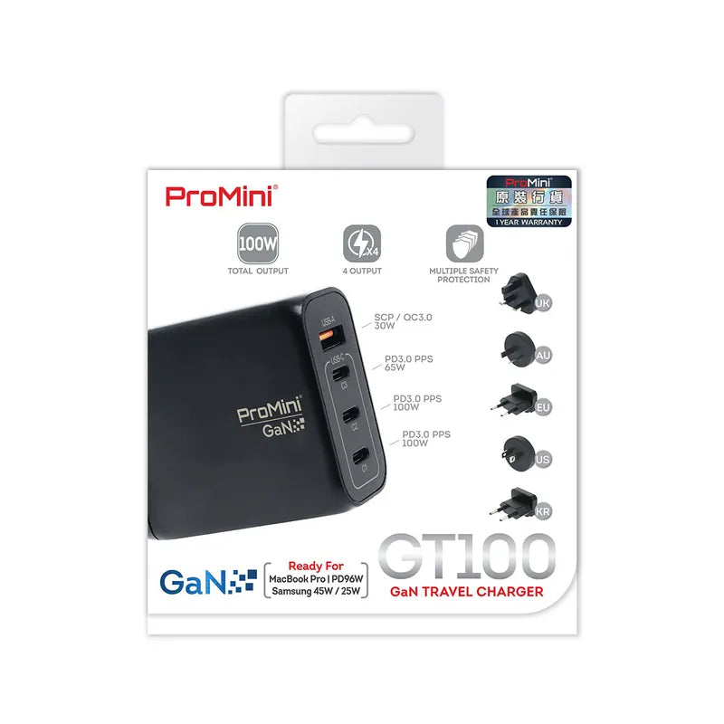 ProMini GT100 GaN 100W旅行快速充電器